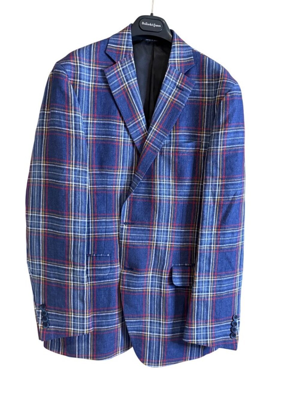 Bullock & Jones Mens Linen Blazer Sport Coat 42 Tall Blue Plaid Notch Classic